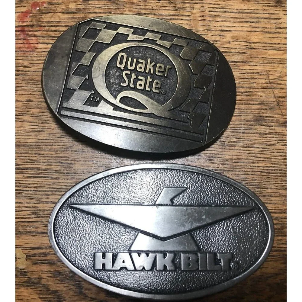 Vintage Lot of 2 Belt Buckles Quaker State and Hawk Bilt - Picture 1 of 8